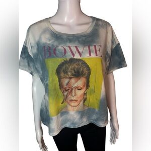 Official Licensed David Bowie Cropped Band Tee Shirt Size XL Funky Blue Tie Dye